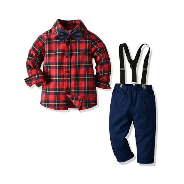 2 PC Handsome Outfits Suit Set Toddler Boys Lapel Plaid Tops Shirt Demin Pants Overall with Bowtie Gentleman Clothes 